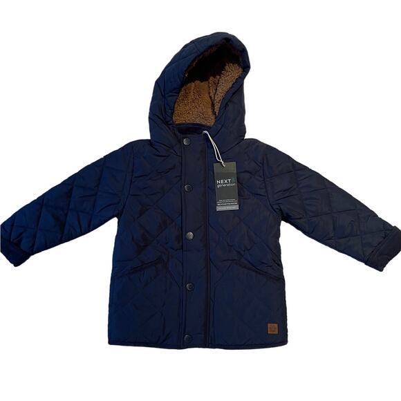 NWT 2-3 Year Next Teddy Borg Navy Blue Quilted Hooded Lined Jacket MSRP $50 - Picture 1 of 8